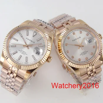 Роскошные мужские часы Parnis Miyota 8215 с 21 драгоценным камнем из розового золота и нержавеющей стали, автоматические механические мужские часы