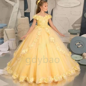 Желтое Платье Принцессы, Пышные Платья с цветочным узором для Девочек, Платье Трапециевидной формы для Свадебной церемонии