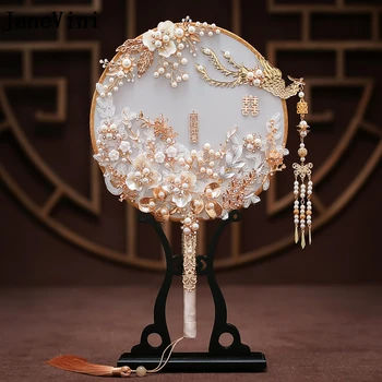 JaneVini Роскошные свадебные букеты с золотым фениксом, чехол для веера, искусственные цветы, жемчуг, Металлические китайские свадебные украшения, аксессуары