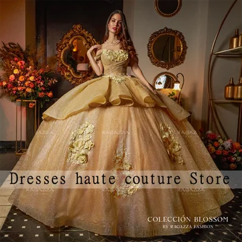 Бальное платье Принцессы цвета Шампанского с 3D Цветами, Пышное Платье 2023, С открытыми Плечами, Кружевное Милое Платье 16, Корсет, Vestidos De Quinceanera