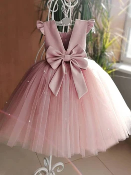 Розовое Однотонное Бальное платье Принцессы с развевающимися рукавами и бантом, Платья для девочек на День рождения, Бисероплетение, Яркие Платья для девочек, Свадебные платья