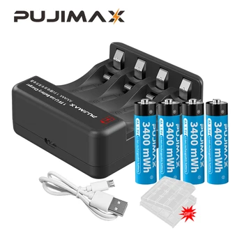 PUJIMAX Новый Перезаряжаемый Литий-ионный Аккумулятор AA 1,5 V 3400mWh Реальной Емкости С Оригинальным Умным Зарядным устройством Для Игрушек-Будильников