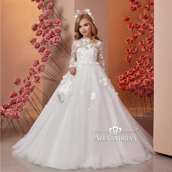 2023 Платья принцессы цвета слоновой кости с цветочным узором для девочек на свадьбу, цветочные аппликации, Детские праздничные платья на День рождения, Детские платья для Первого причастия