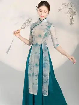 Традиционное китайское платье Ципао + комплект брюк для выступлений на сцене, винтажный народный танцевальный костюм, женское сетчатое танцевальное Ципао с цветочным принтом