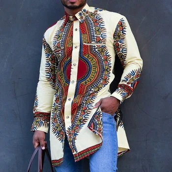 2023 Новый Стиль Мужской Одежды Африканская мода Молодежный Однобортный Кардиган с круглым вырезом и длинным рукавом Повседневные рубашки с принтом Весна
