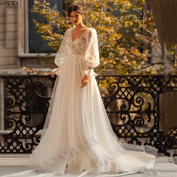 2022 Свадебные платья Принцессы из Тюля Трапециевидной формы С Кружевными аппликациями и Пышными рукавами, Платье Невесты Robe De Mariee Plus