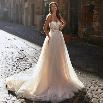 Восемь сексуальных свадебных платьев в стиле Бохо, Элегантное платье Невесты с аппликацией в виде сердечка, Шлейф Трапециевидной формы, Свадебное вечернее платье для выпускного вечера, большие размеры