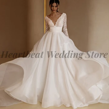 Элегантное Свадебное платье А-силуэта 2023 с V-образным вырезом, Длинным рукавом, Шлейфом без спинки и Аппликацией Robe De Mariee для Невест