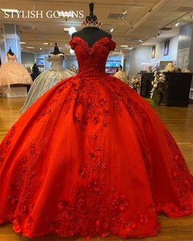 Красное Бальное платье с открытыми плечами, Пышные платья, Расшитое бисером Платье знаменитостей, Выпускные платья с 3D цветами, Vestido De 15 Anos Sweet