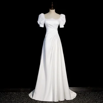 Вечернее платье Белое Без бретелек, простое, длиной до пола, с короткими рукавами, со складками, Трапециевидное, на шнуровке, Атласное, Большие размеры, Женские вечерние платья B2532