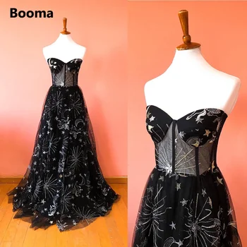 Платья для выпускного вечера из тюля с вышивкой Booma Black Constellation, Макси, без рукавов, Иллюзия Трапециевидной формы, Длинные вечерние платья