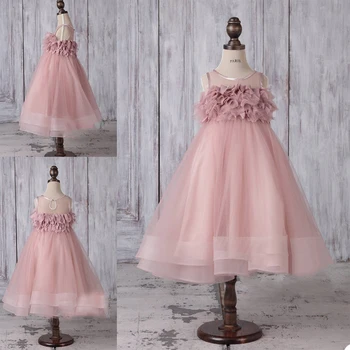 Пышные розовые платья с цветочным узором для девочек на свадьбу, прозрачное платье с круглым вырезом и многоуровневыми оборками, детское праздничное платье на день рождения для девочек