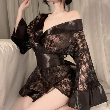 Женское Кимоно Японское Черное Сексуальное платье Костюмы Аниме Традиционный наряд для Косплея Халат Пижама Пояс Комплект Трусиков Ночная рубашка