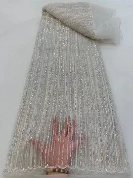 Кружевная ткань ручной работы из бисера с чередованием Вечерних платьев, Роскошная ткань 2023 с белым жемчугом и хрусталем, Кружево для шитья