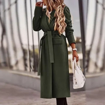Женское пальто с длинными рукавами, куртка с лацканами, однотонное рабочее пальто с поясом, куртка, утепленная талия, приталенное Женское платье Осень/зима