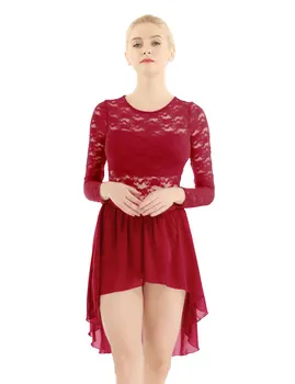 Женское Шифоновое платье с цветочным кружевом и длинными рукавами для фигурного катания, Гимнастическое Трико, Сценические костюмы для лирических танцев
