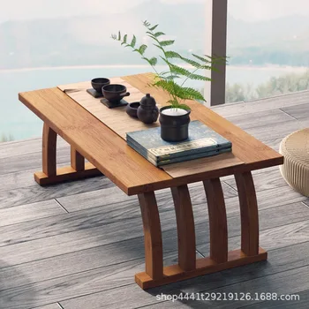 Эркерное окно в китайском стиле, маленький чайный столик, татами, простой подоконник, балкон, бамбуковый чайный столик, низкий столик, ковер, маленький столик