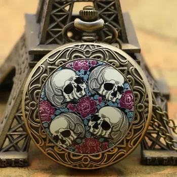 Старые бронзовые карманные часы Flower Sea с 4 головками в виде черепа, самые продаваемые часы-брелки для подарка