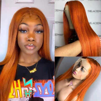 Оранжево-рыжий парик из натуральных волос на кружеве для чернокожих женщин, бразильские волосы Remy, прямой парик на кружеве, Т-образный парик