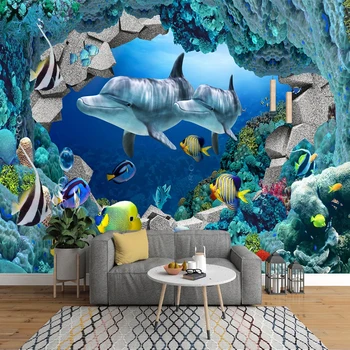 Пользовательские самоклеящиеся обои HD Подводный мир, Детский рай, Аквариум, Фреска с дельфинами, Детская спальня, Водонепроницаемая 3D наклейка