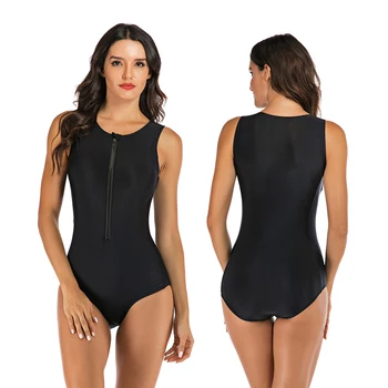 2023 Модный женский сексуальный купальник без рукавов с защитой от сыпи на молнии спереди, цельный купальник, чистый черный, быстросохнущая пляжная одежда для плавания, одежда для серфинга