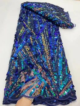 Синяя французская сетчатая кружевная ткань 2023, Высококачественная Африканская Сетчатая Кружевная ткань С вышивкой пайетками, Ткань Для свадебных платьев, 5 ярдов