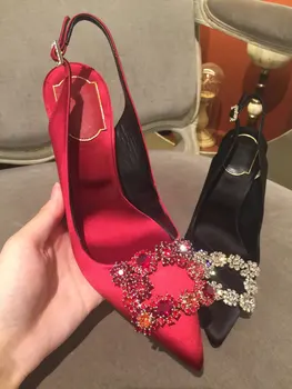 Европейские и американские женские свадебные туфли на высоком каблуке с острым носком из красного шелка, атласа, на тонком каблуке, украшенном стразами, квадратные