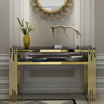 Роскошный Золотой Консольный столик для прихожей из нержавеющей Стали, украшение стола для гостиной, 2 Слоя черного закаленного стекла