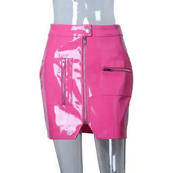 Весенняя Розовая кожаная юбка с высокой талией, блестящая искусственная кожа, молния, тонкая сексуальная упаковка, карандаш для бедер