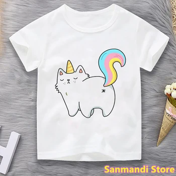 Забавная детская одежда, футболка с рисунком Радужного Единорога и кошки для девочек/мальчиков, классная повседневная белая детская одежда с коротким рукавом