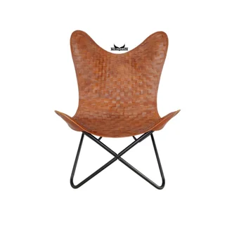 Размахивающее руками коричнево-коричневое кожаное кресло-бабочка - Натуральная полированная кожа - Винтажное кожаное кресло ручной работы в стиле ретро