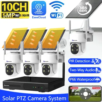 10CH 5MP Система Видеонаблюдения с низким Потреблением Солнечной Батареи Sysrtem 2Way Аудио Беспроводная PTZ Камера Безопасности 8CH Комплект Видеонаблюдения