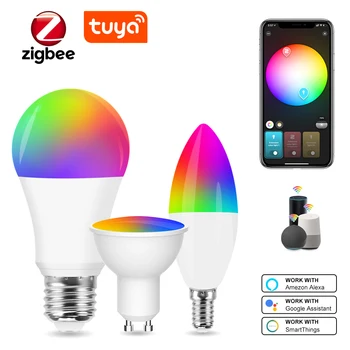 Умная светодиодная лампа Tuya Zigbee E27 E14 GU10 RGB + WW + CW 5 Вт/15 Вт/18 Вт, Совместимая С Alexa Google Assistant Для Украшения дома
