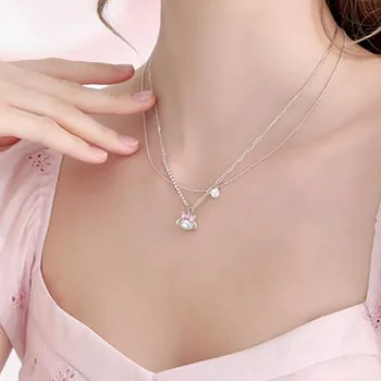 Ожерелье Sanrio Kawaii Мелодия Розовое бриллиантовое ожерелье из стерлингового серебра Женское меньшинство Дарит друзьям подарки на День рождения Ювелирные изделия из жемчуга