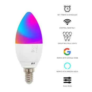Умные светодиодные лампы-свечи E14/E27 WiFi Работают с Alexa Google Home, декоративные лампы в форме свечи мощностью 5 Вт, эмуляция пламени