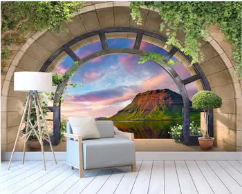 3d обои с фотообоями на заказ, арки, балкон, пейзаж горного озера, гостиная, домашний декор, 3D фотообои на стену