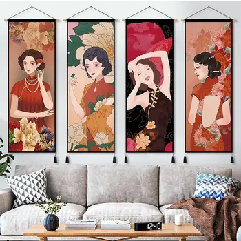 Настенная живопись в традиционном китайском стиле с Прокруткой, Красота Чонсам, Гостиная, Спальня, Подвесное Украшение для дома, Плакат аниме