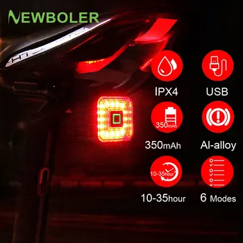 NEWBOLER Умный Велосипедный задний фонарь IPx4, водонепроницаемый, с функцией автоматического запуска/остановки, с датчиком торможения, задний фонарь, USB-зарядка, аксессуары для заднего фонаря для велосипеда