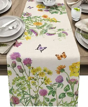 Весенняя льняная настольная дорожка с цветочной бабочкой, украшение для праздничной вечеринки, Моющиеся журнальные столики, дорожки для декора кухонного стола