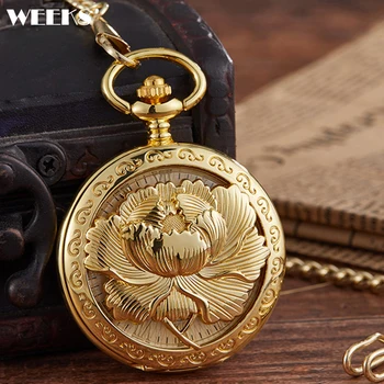 Роскошные Золотые механические карманные часы с золотым пионом, выгравированный цветок Стимпанк, Скелет, Брелок, Цепочка, часы для мужчин, женщин, подарок