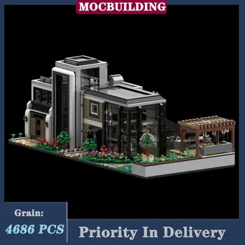 MOC City Стеклянный дом Из модульных строительных блоков, коллекция мебели для дома, серия игрушек, подарки